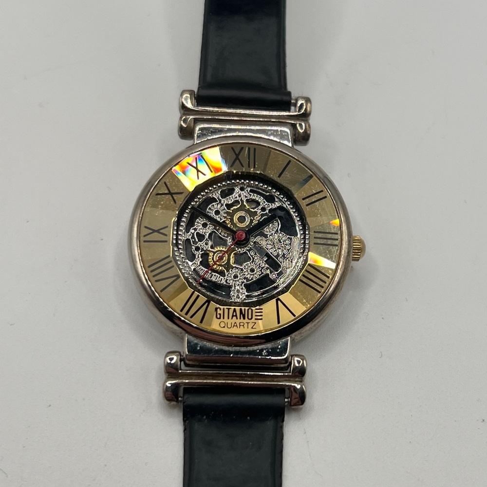 Gitano Quartz Ladies Fashion Watch Gold Tone Black Strap Roman Dial - Untested